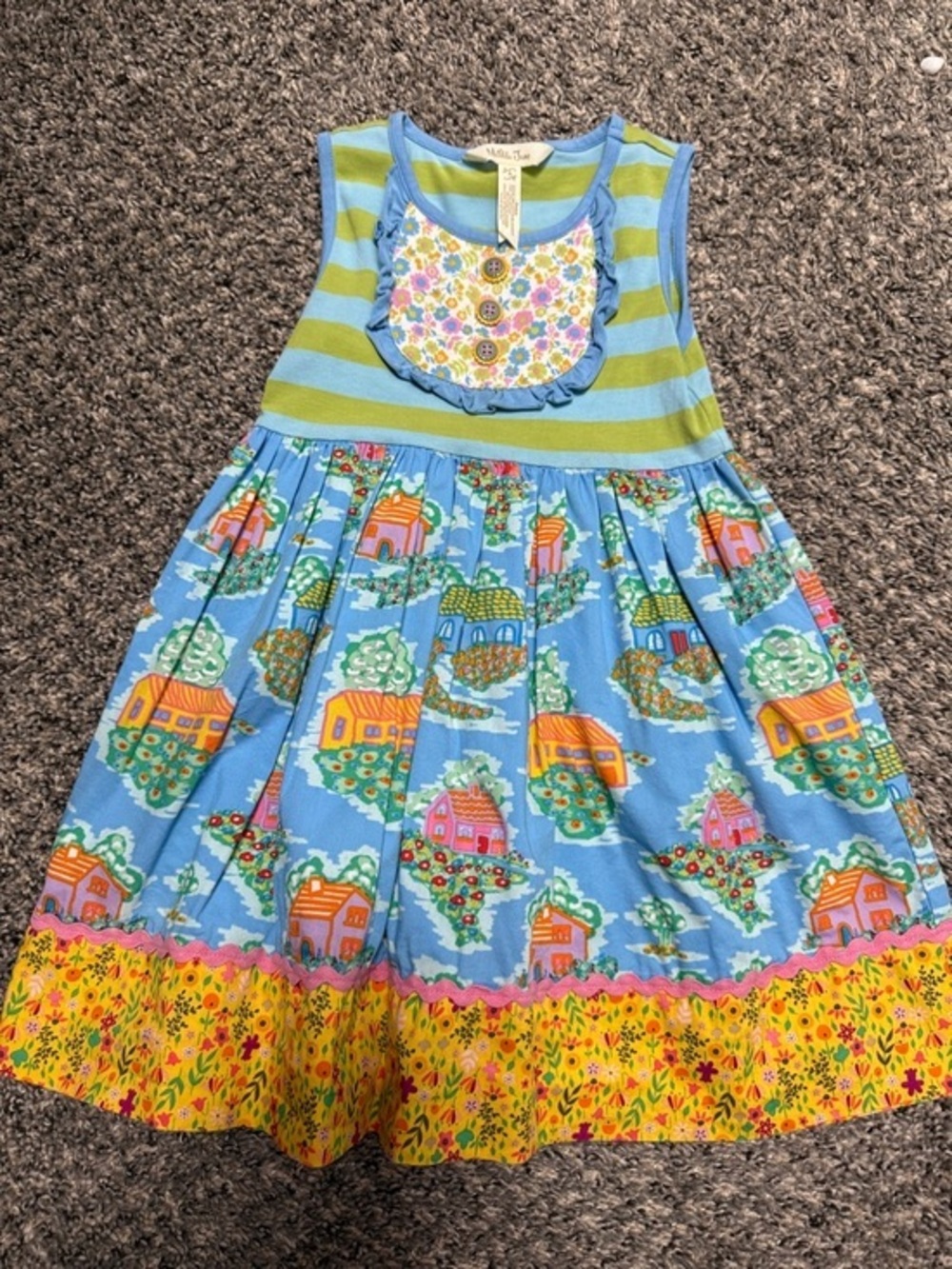 Matilda Jane Blue, Green & Yellow Village Print Sleeveless Dress